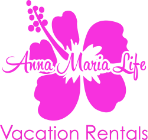 pink hibiscus flower logo with Anna Maria Life Vacation Rentals lettering