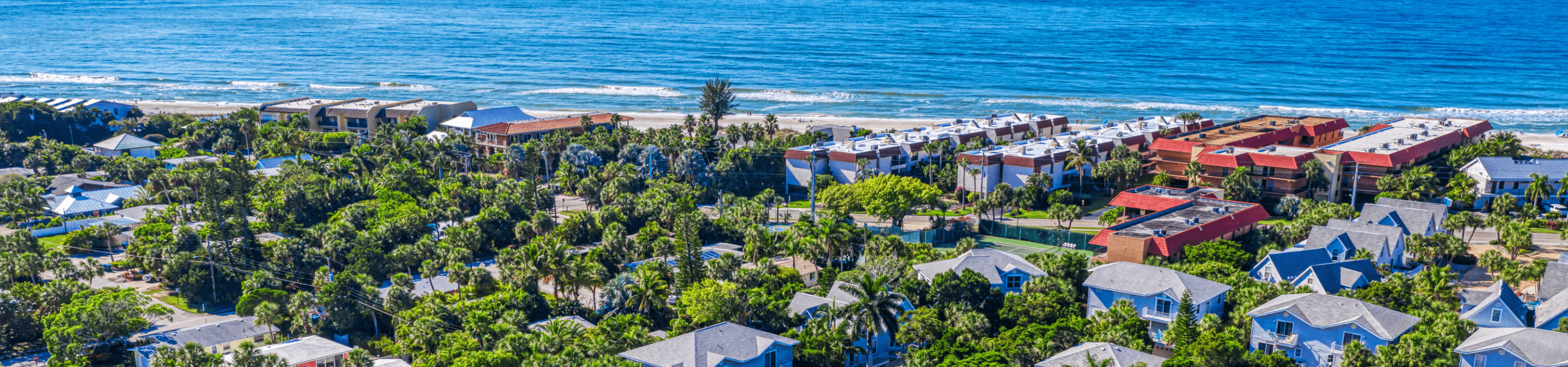 aerial view from drone looking over trees and many condos for rent in anna maria island florida lined up along the gulf coast to the gulf of Mexico