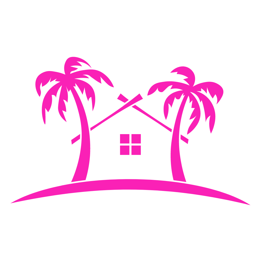 pink image of two palms trees supporting a roof of a tiki hut or house