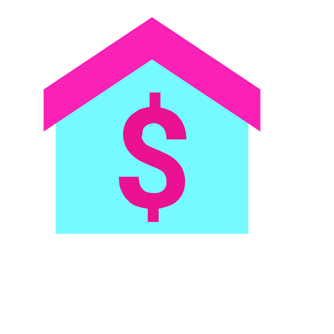 pink and turquoise icon of a house with a dollar symbol in the middle