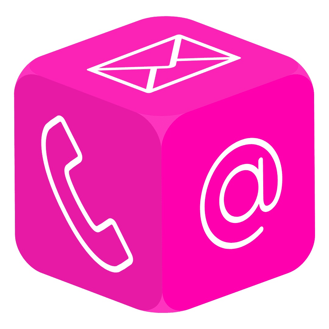 pink cube showing images of a phone, envelope and @ symbol