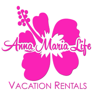 Pink logo for Anna Maria Life Vacation Rentals with hibiscus flower