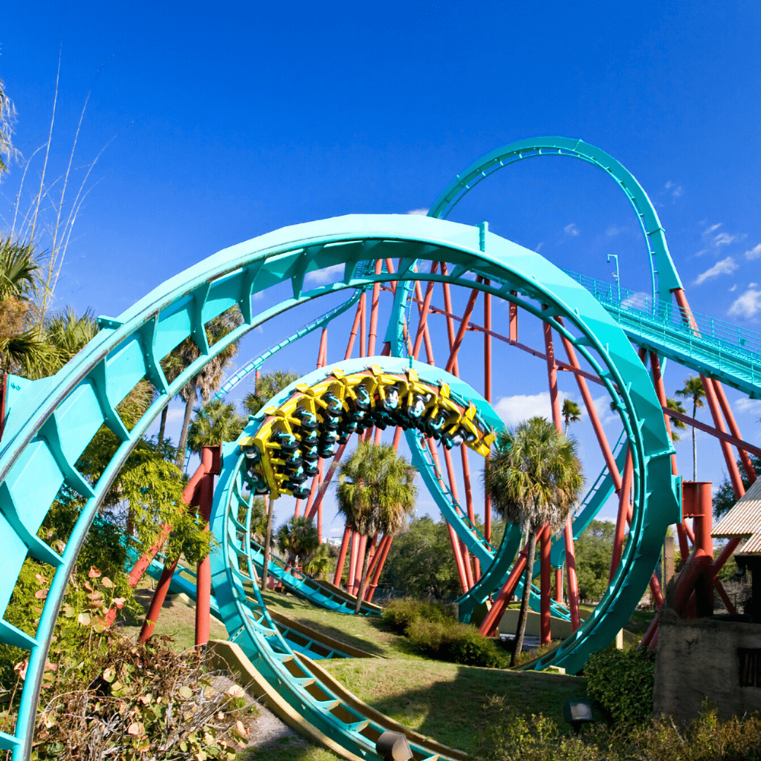 large roller coaster in a cork screw turn.