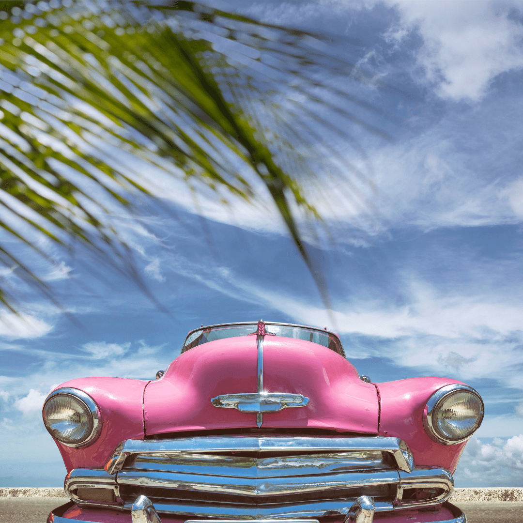 The front of an antique pink car on the beach with palms in the foreground.