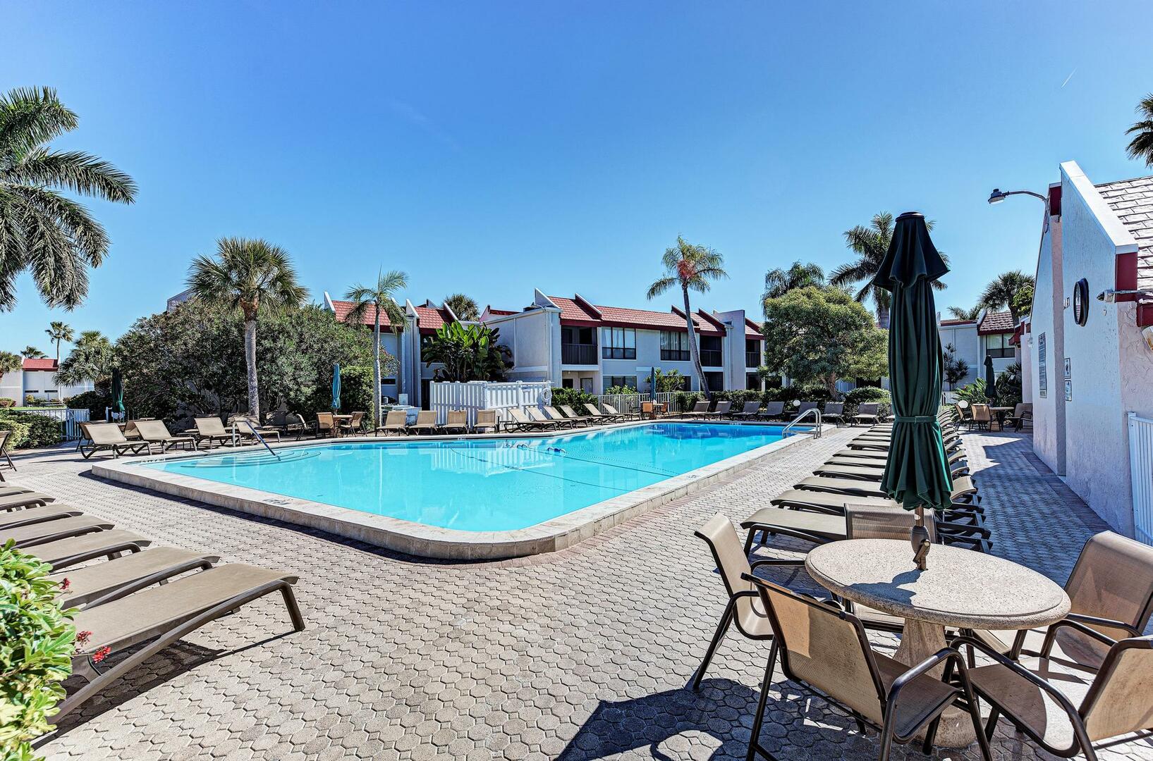 Pool view at one of our fall Bradenton Beach rentals.