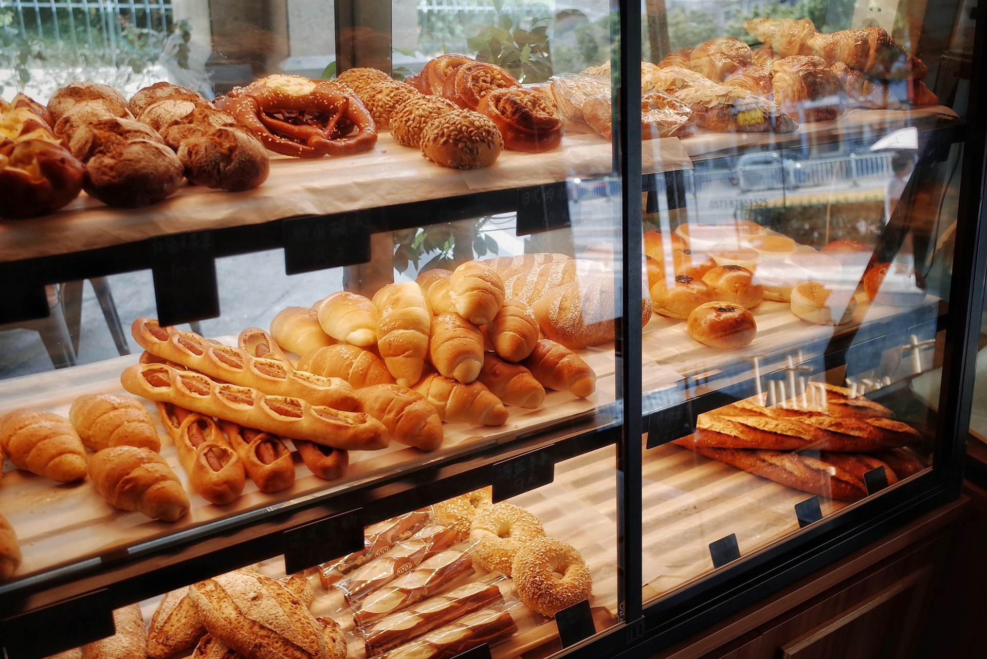 Glass case with breads
