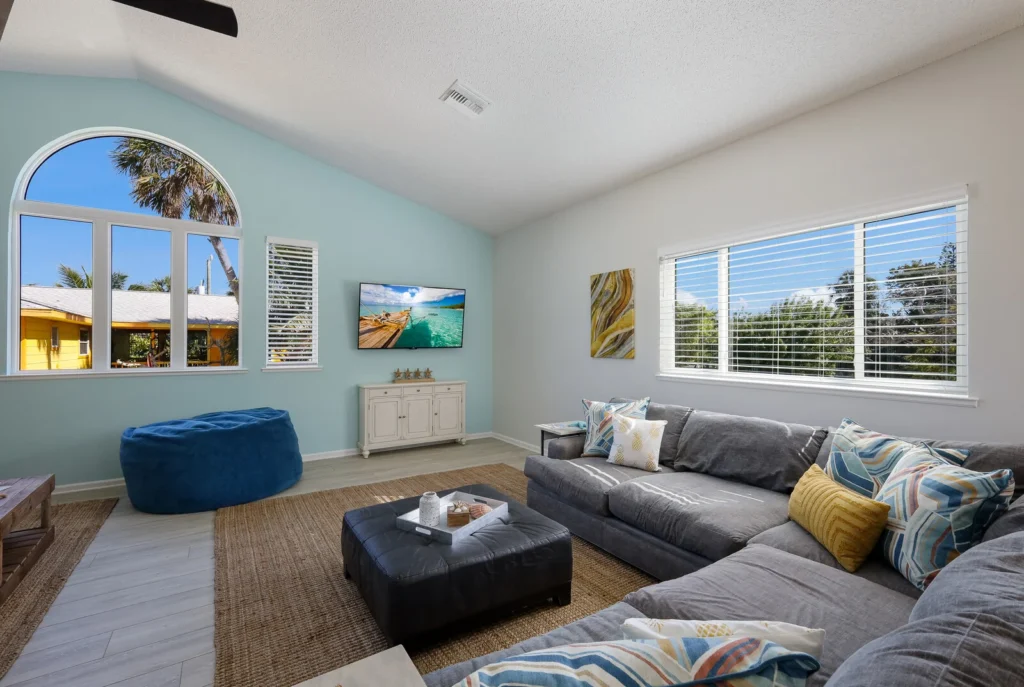 Living room with sectional and bean bag chair