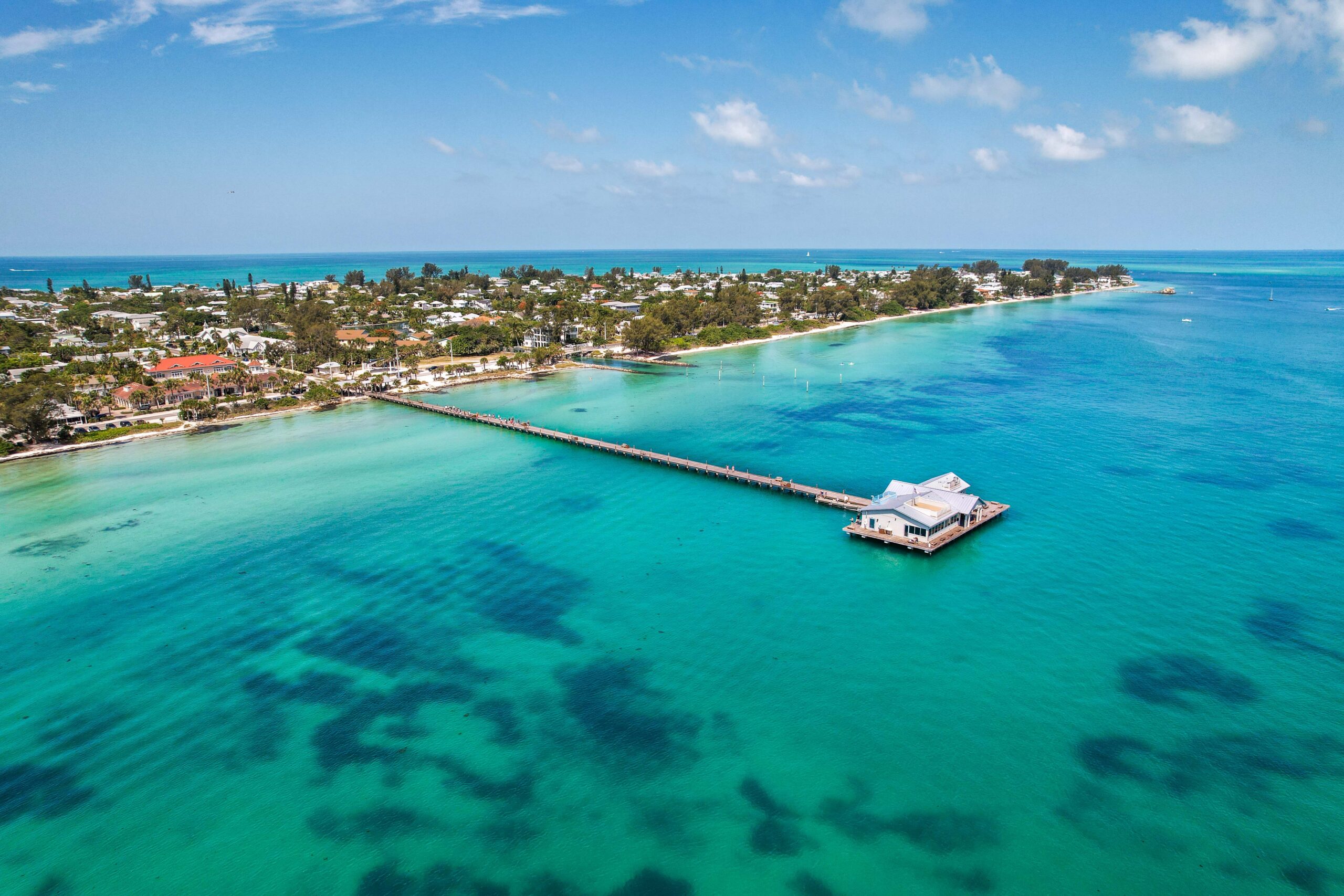 Aerial view of Anna Maria Island beaches and pier