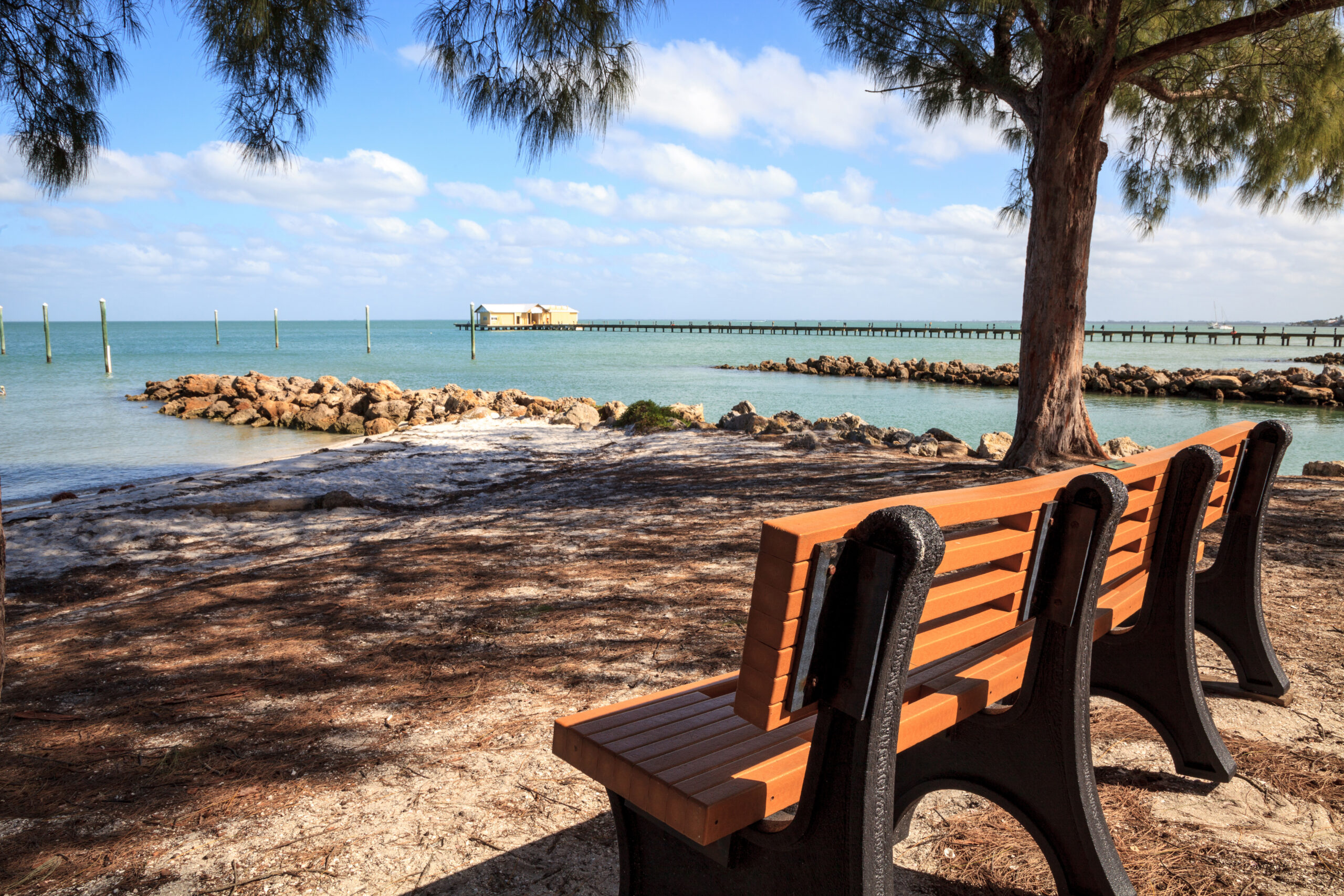 Bench overlooks the Anna Maria Island City pier on Anna Maria island, Florida.